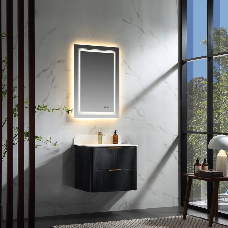 Modland Fluted Floating Vanity with Sink, Plywood Wall Mount Cabinet, Curved Edge, 24/30/36 Inch