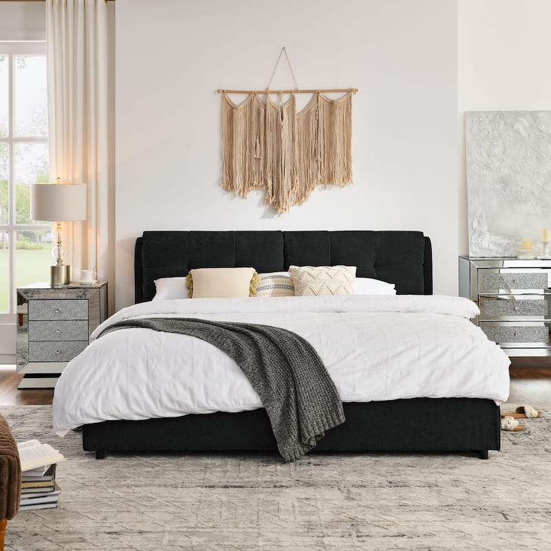 Chenille Storage Bed Frame, Hydraulic Lift Platform Bed with Under Bed Storage and Integrated Headboard, No Box Spring Needed - Black - King