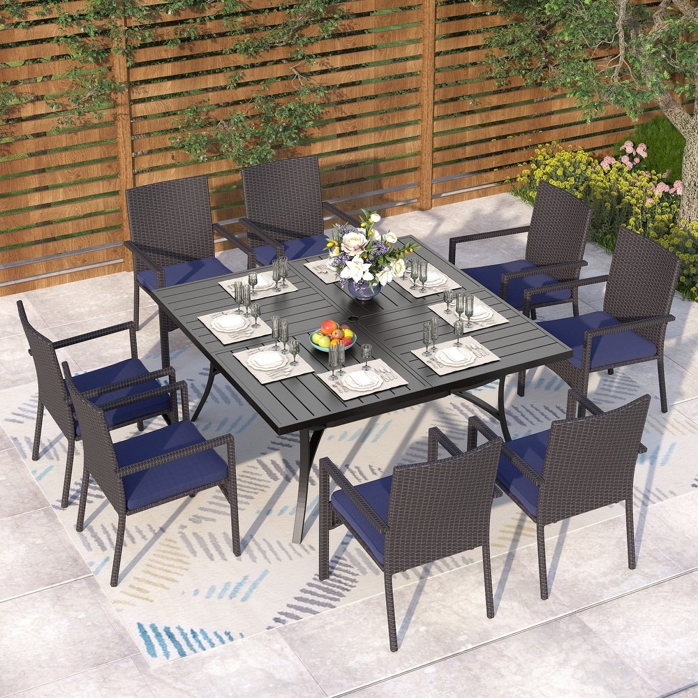 MAISON ARTS 9 Pieces Patio Dining Set, 60 Inch Square Metal Table and Rattan Dining Chairs