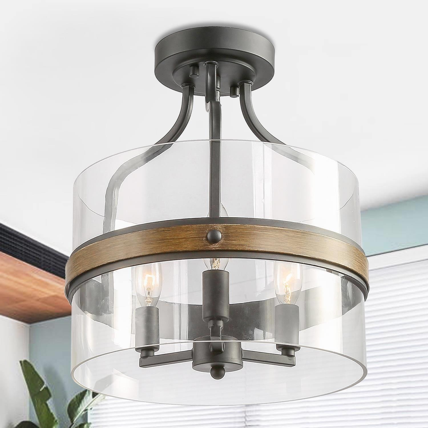 Modern Farmhouse 3-Light Glass Semi-Flush Mount Drum Ceiling Light