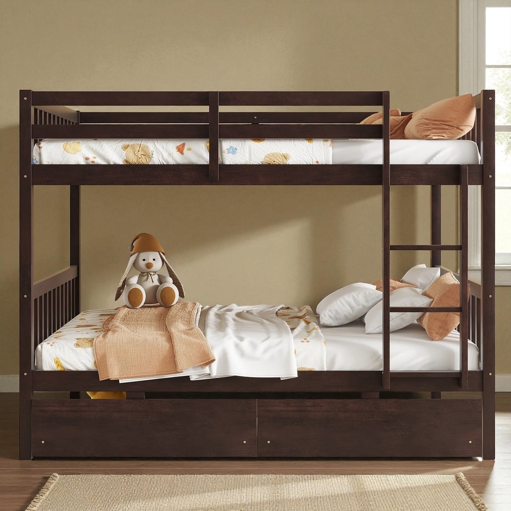 Full Over Full Rubber Wood Bunk Bed with 2 Storage Drawers, Convertible into 2 Full Beds, Ladder and Safety Guardrails