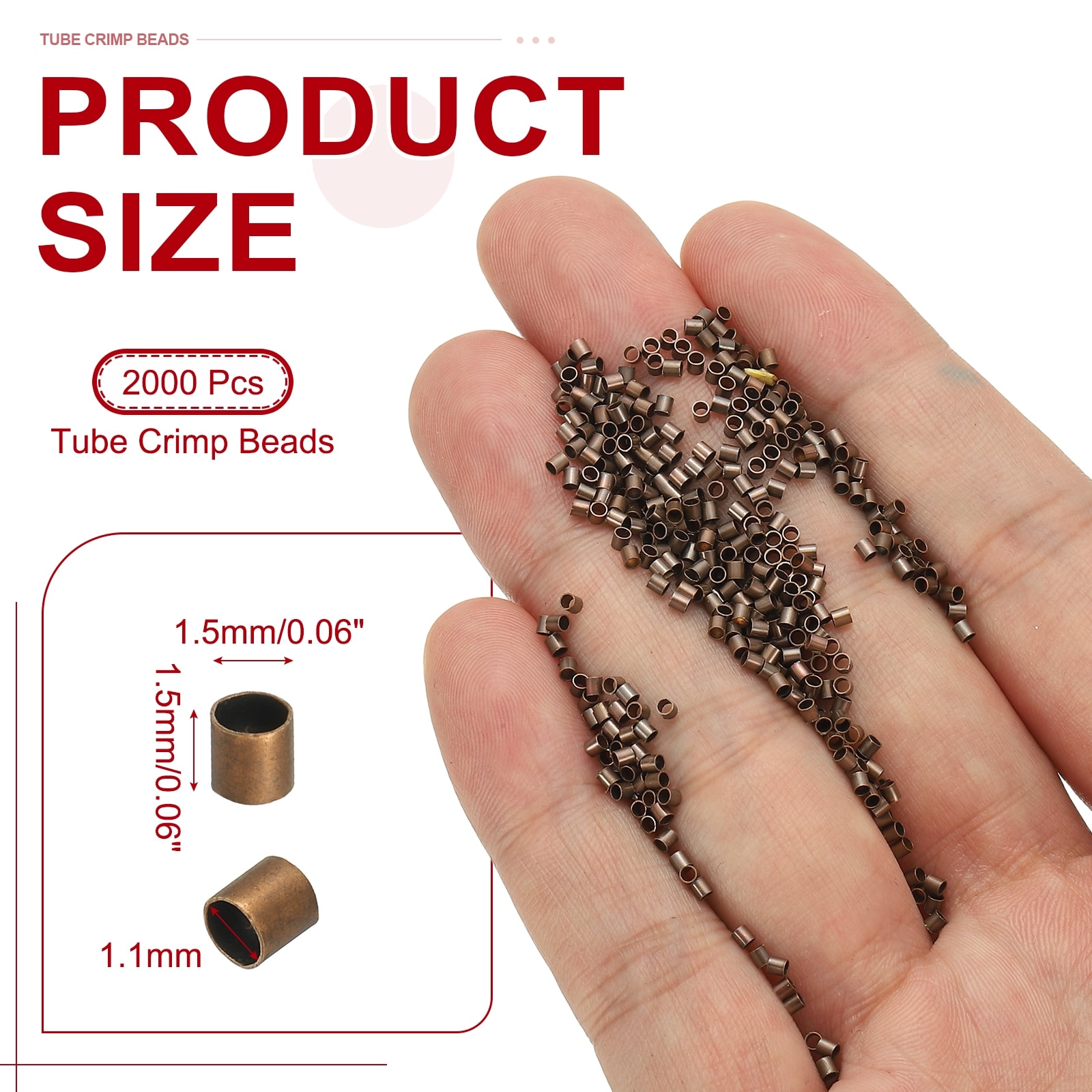 Tube Crimp Beads, Copper Crimp Beads End Stopper Bead Tiny Loose Spacer Bead for Earrings Necklaces Bracelets Pendant DIY Crafts