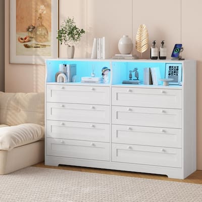 Dresser with 8 Drawers, Wood Bedroom Dresser with Charging Station & LED Lights