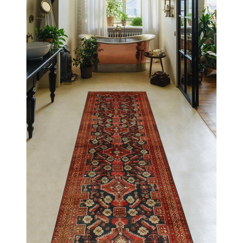 Fine Vintage Distressed Muxlisa Charcoal/Red Runner - 3'4" x 12'11"