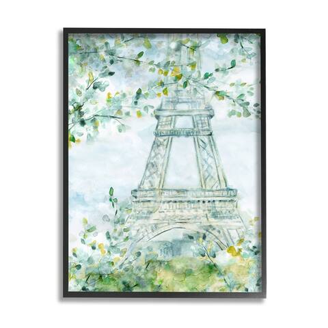 Stupell Industries Watercolor Eiffel Tower Painting Soft Green Leaf Trees Framed Wall Art