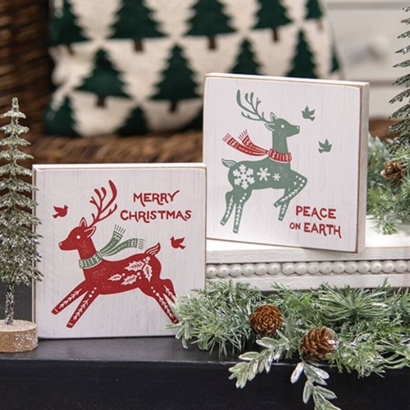 Rustic Yuletide Reindeer Wooden Block Signs 2 Asstd. - 5” x 0.75” x 5”