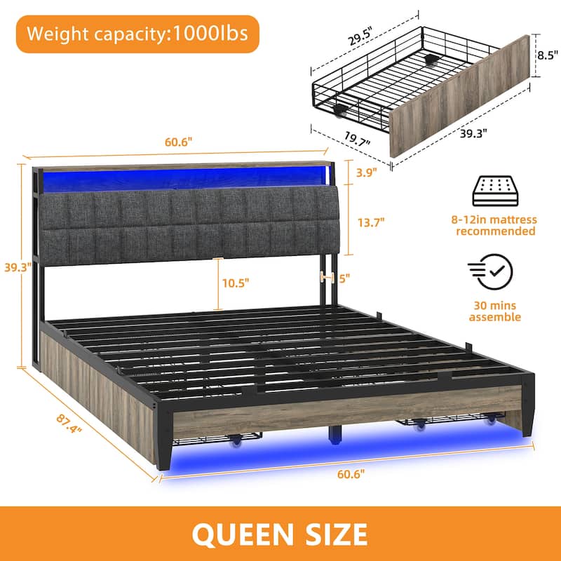 Upholstered Platform Bed with Charging Station and Storage Headboard