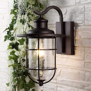 JONATHAN Y Marais 10.5" 1-Light Iron/Seeded Glass Rustic Industrial Cage LED Outdoor Lantern, Oil Rubbed Bronze