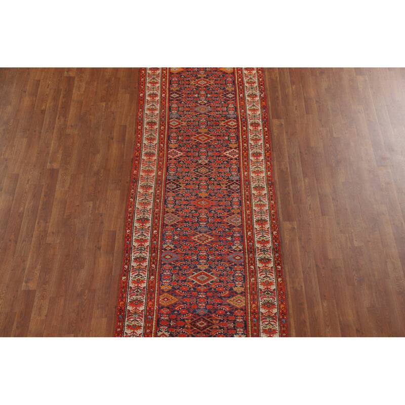 Pre-1900 Antique Blue Malayer Persian Runner Rug Handmade Wool Carpet - 3'2"x 16'7"