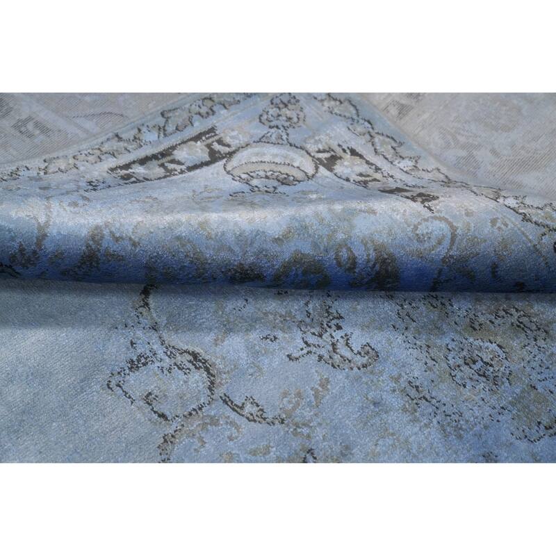 Machine Made Oriental Polyester Carpet Traditional Medallion Navy Blue & Blues Tabriz Area Rug - 7' 5'' X 5' 2''