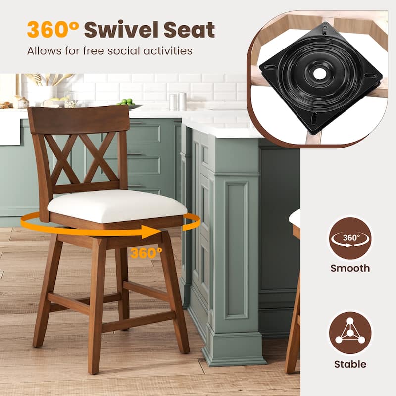 Gymax 26'' Bar Stool Wooden Chair Set of 3 w/Contoured Backrest Swivel