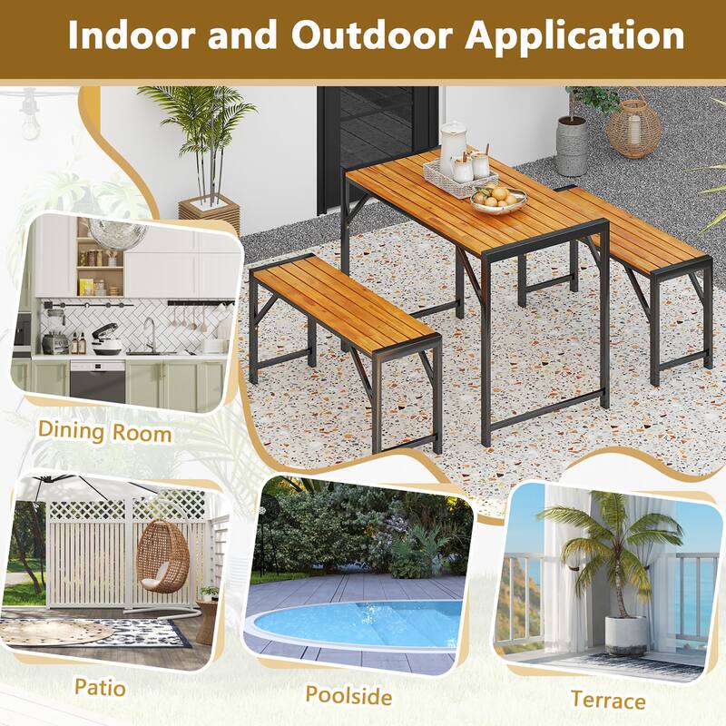 Gymax 3 PCS Dining Set for 4 People Outdoor Picnic Table & 2 Benches