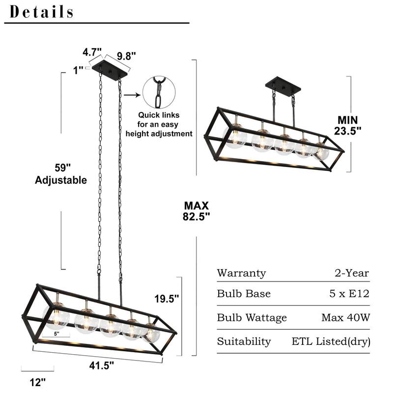 Torin Modern 5-Light 41.5" Black Gold Geometric Chandelier Globe Glass Kitchen Island Pendant Lights - 41.5" L x 12" W x 19.5" H