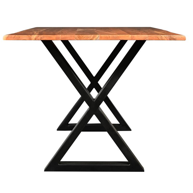 67 Inch Rectangular Dining Table with Crossed Black Metal Legs and Natural Brown Faux Live Edge Acacia Wood Top
