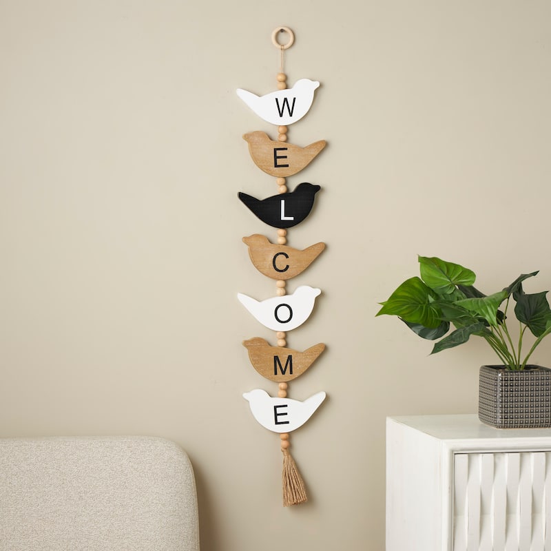 Brown or Black Wood Handmade Family Sign Bird Wall Decor with Tassel and Bead Accents - Black - 7"W, 42"H