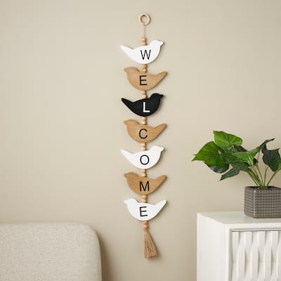 Brown or Black Wood Handmade Family Sign Bird Wall Decor with Tassel and Bead Accents