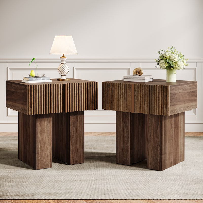 Modern Nightstand with Fluted Desigh, Bedside Table with Drawer - Dark Brown(2PCS)