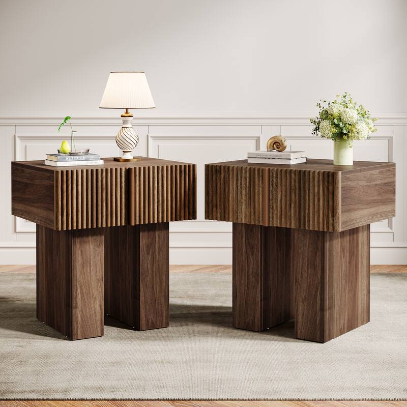 Modern Nightstand, Fluted Night Stand with Storage Drawer for Bedroom, Living Room - 2-Piece
