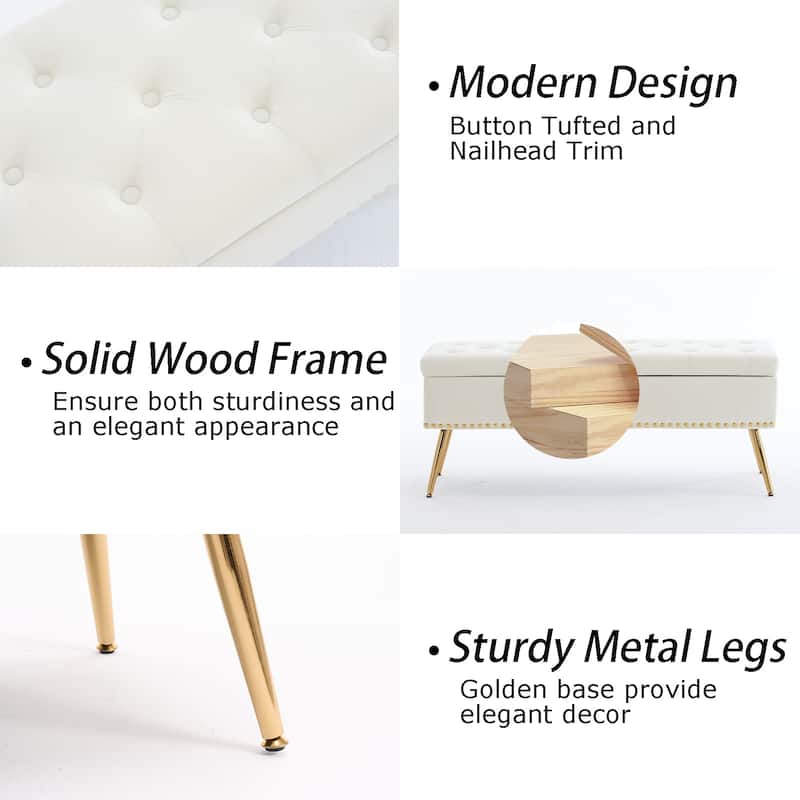 Velvet Storage Ottoman Bench with gold legs and Nailhead Trim for Bedroom/End of Bed/Entryway/Window