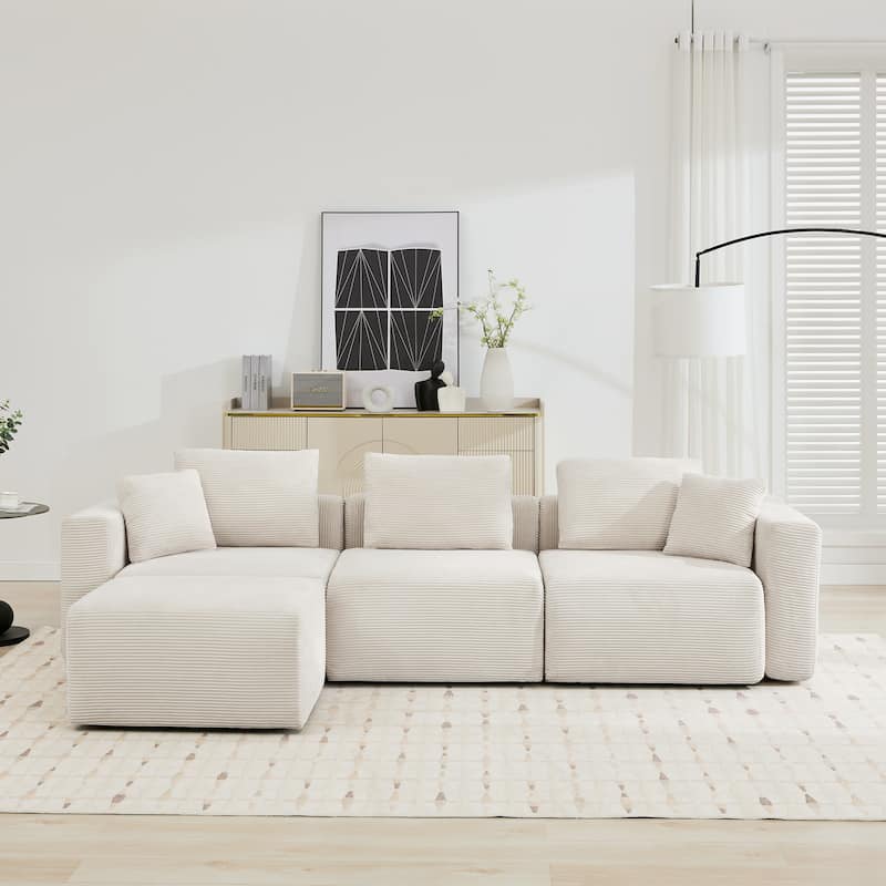 Corduroy Sectional Modular Sofa with Square Arms & Ottoman Extension for Flexible Arrangements