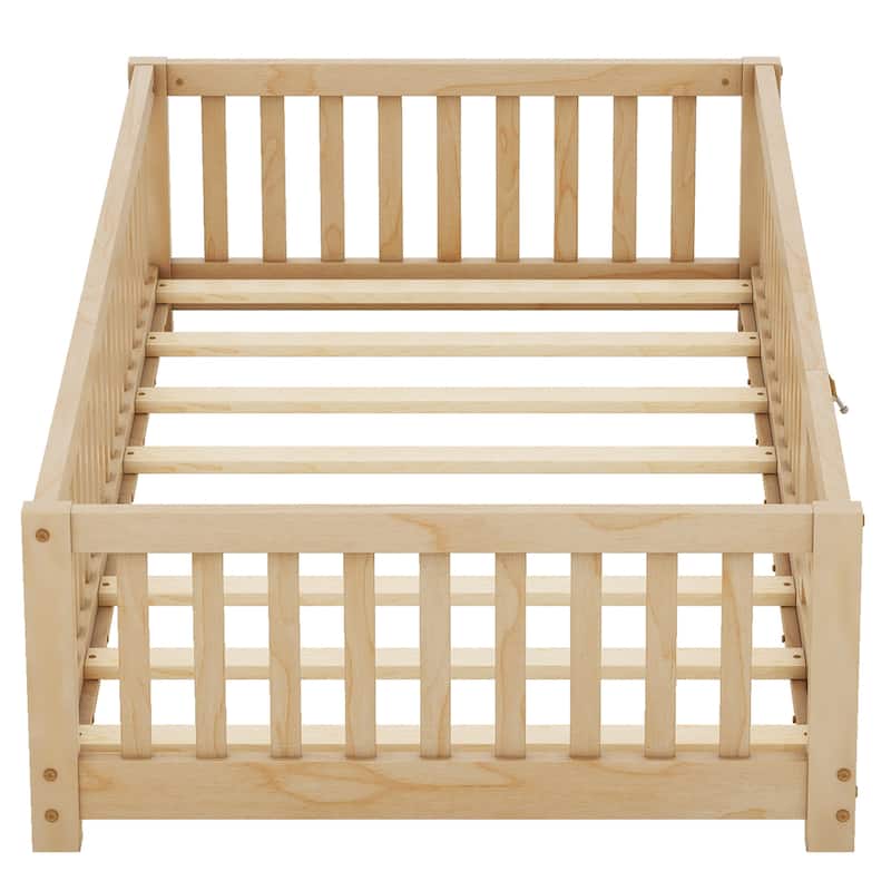 Twin Size Pine Wood Floor Bed with Safety Guardrails and Door for Kids, Boys, Girls, Bedroom