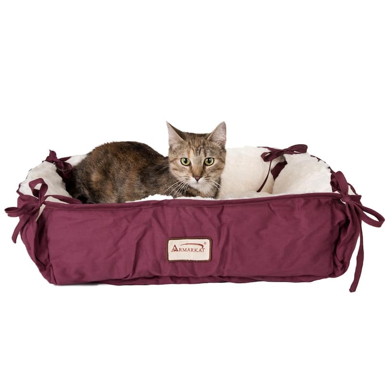 2-In-1 Cat Pet Bed and Fleece Cat Mat, Burgundy/Ivory - 16"L x 16"W x 6"H