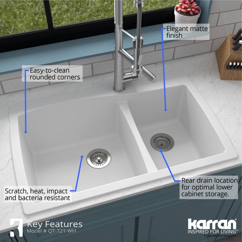 Karran DropIn Quartz 34 in. Double Bowl 60/40 Kitchen Sink With Bottom