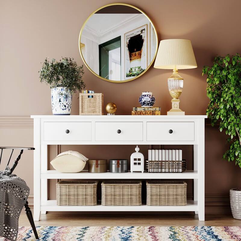 Retro Console Table Sofa Table with 2 Open Shelves and 3 Drawers, Pine Solid Wood Frame and Legs for Living Room, Entryway - White
