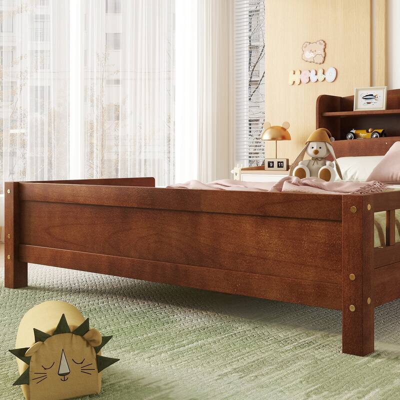 Full Pine Wood Bed with Bookcase Headboard, LED Motion Sensor Light, Bed Guardrails, Walnut Finish