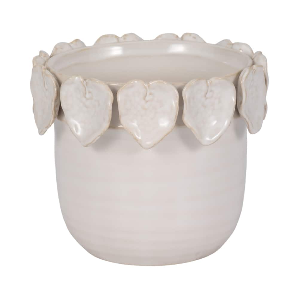 Stoneware Ceramic Planter Handcrafted Sculpted Leaf Embellishments