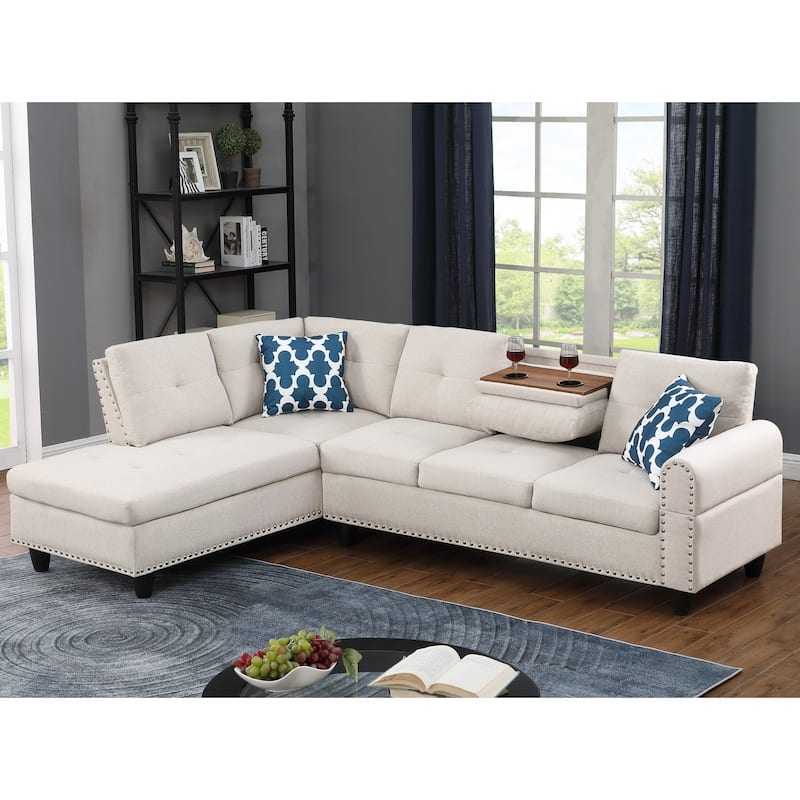 Modern Built-in Cup-holders Console Linen Sectional Sofa with 2 Pillows