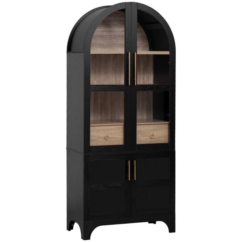 Anmytek 71" Farmhouse Arched Kitchen Pantry Cabinet Black with Glass Doors and Adjustable Shelves