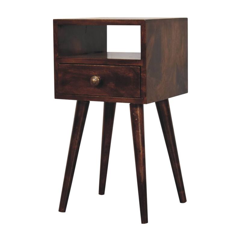 Mini Solid Wood Nightstand with Drawer and Open Shelf, Nordic Legs, Dark Brown
