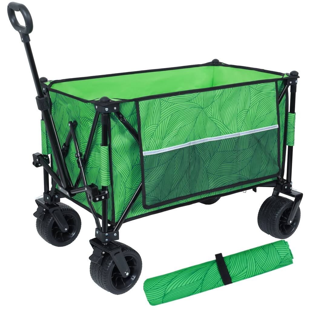 Heavy-Duty 480lb Folding Wagon with Bonus Picnic Mat - All-Terrain Wheels, Drink Holders & Brakes, Green Print
