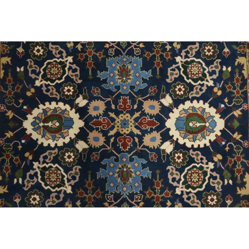 Hand Knotted Oriental 100% Wool Carpet Traditional All-Over Navy Blue & Blues Agra Area Rug - 9' 1'' X 6' 1''