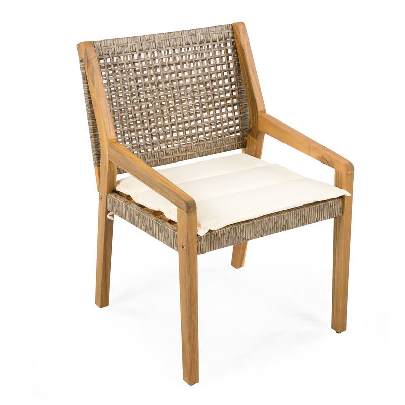 Roomfitters Outdoor Acacia Wood and Wicker Dining Chairs with Cream Cushions Teak Finish and Brown Wicker