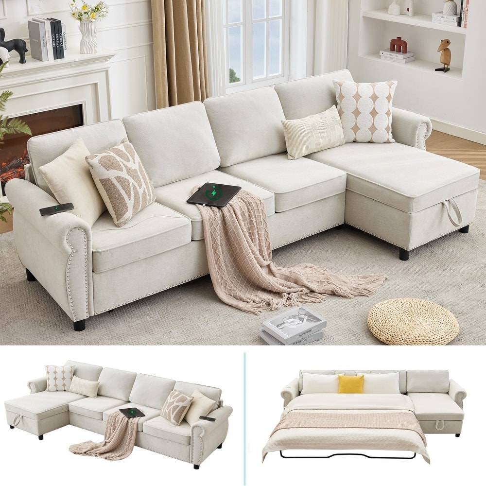 106.5" L-Shaped Flannelette Sectional Sofa with Pull-Out Bed