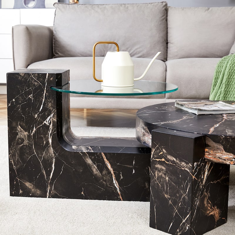 Double-Layer Round Coffee Table, Transparent Glass Top with L-Shaped Legs, Detachable Design Modern Center Table