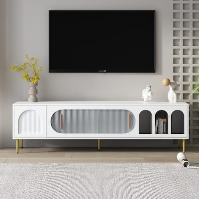 Modern TV Stand for 70+ Inch TV, Entertainment Center TV Media Console Table, with 3 Shelves and 2 Cabinets, sliding door