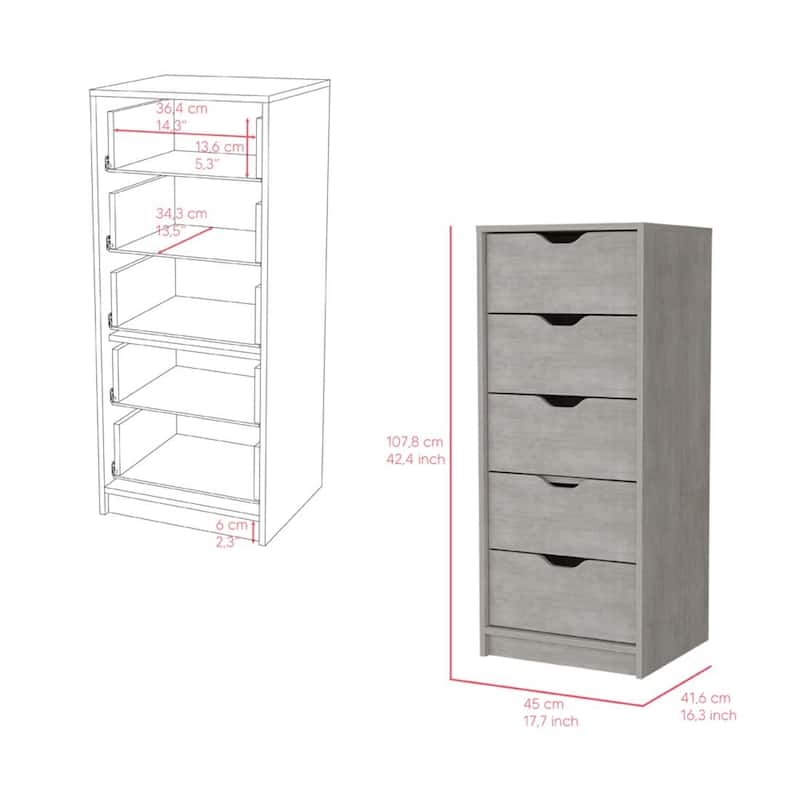 Compact Vertical Wood Dresser with 5 Drawers Slim Chest of Drawers for Bedroom or Office Use