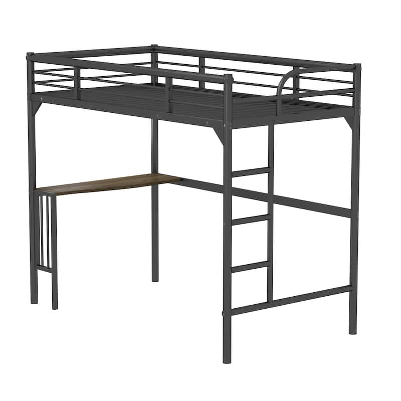 Black Twin Size Metal Loft Bed with Desk and Guardrails