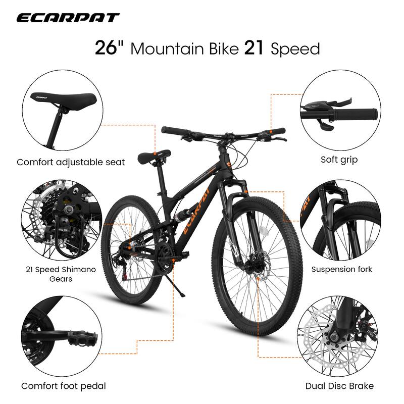 Black Unisex Mountain Bike Anti-Slip Bikes Shock-Absorbing Bikes