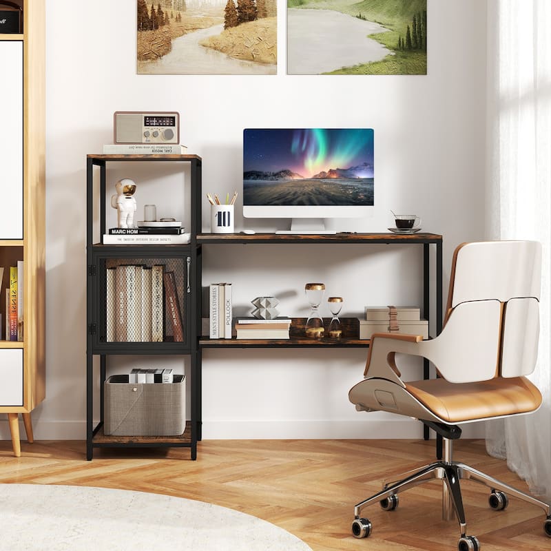Rustic Brown Wood Metal Computer Desk with Bookshelf and Storage