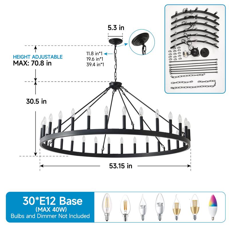 53.15 Inch Matte Black Wagon Wheel Chandelier With 30 Light (No Bulbs)-E12
