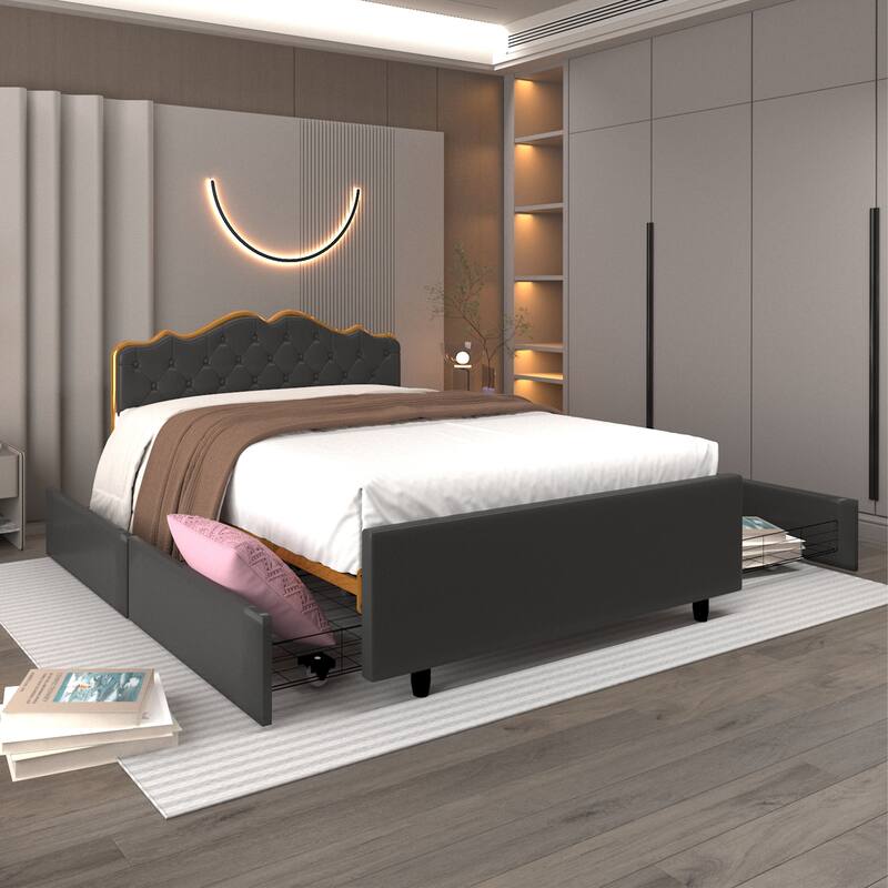 Metal frame sleeping bed with four storage drawer