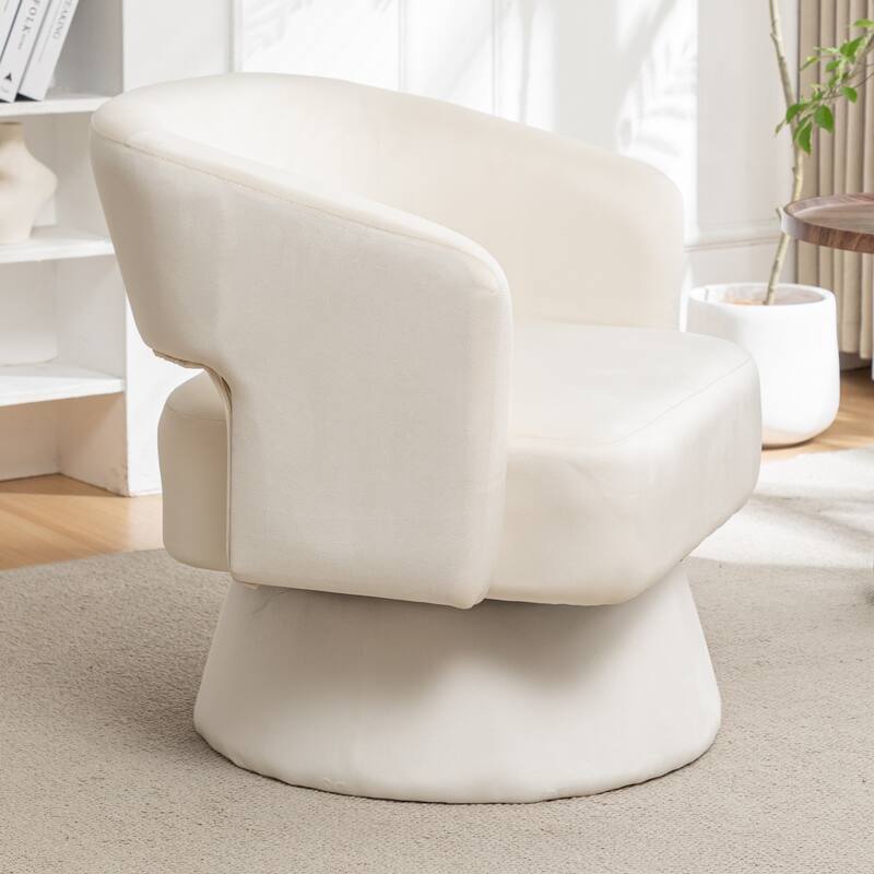 White Modern 30.1" Upholstered 360° Swivel Barrel Chair with Open Backrest and Solid Wood Frame