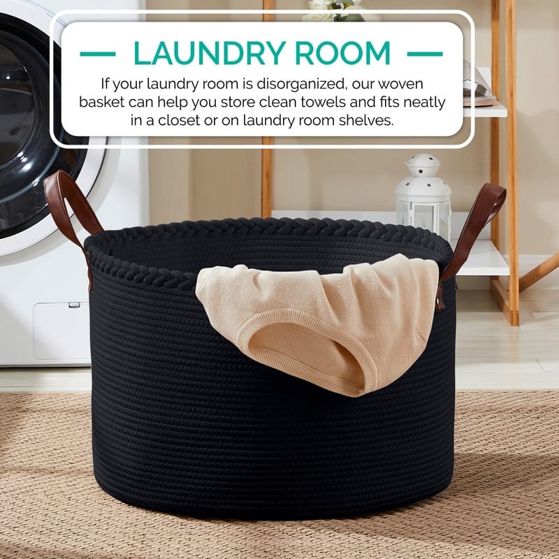 Large Round Cotton Rope Storage Basket Laundry Hamper with Leather Handles, 21 x 21 x 14 - 21" x 21" x 14"