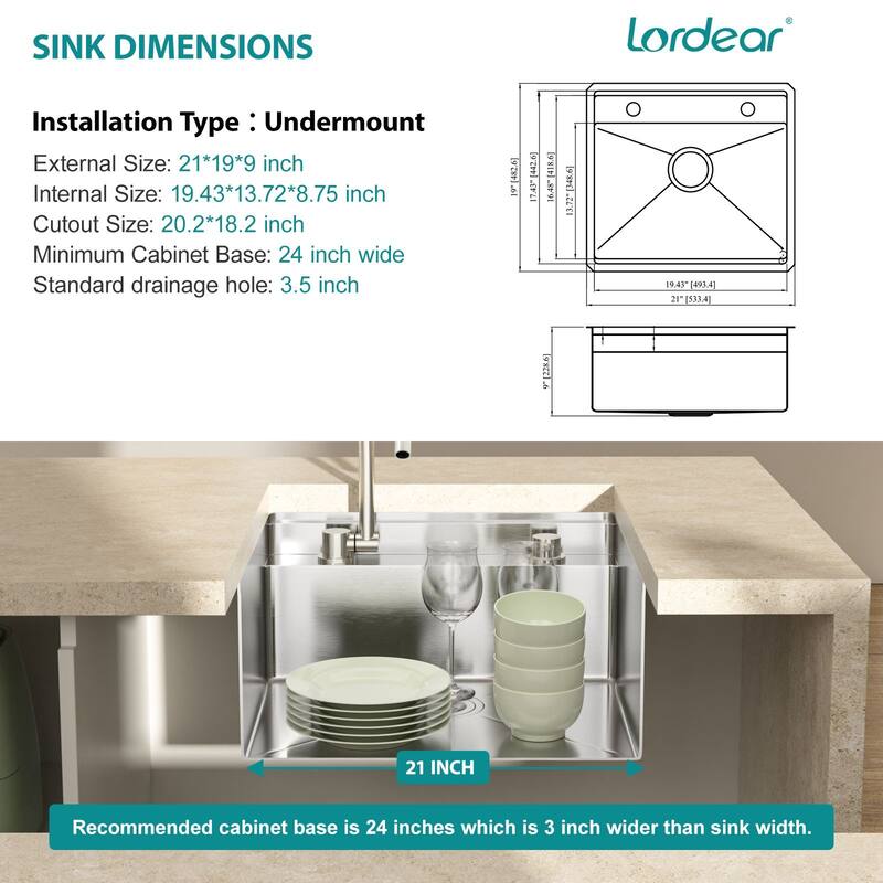 Lordear 21" Stainless Steel Sink Undermount Workstation Single Bowl Bar Sink or Kitchen Sink with Folding Faucet