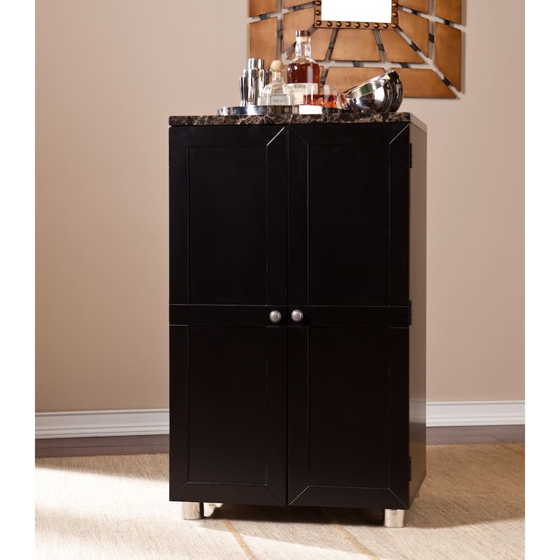 SEI Furniture Cornelia Black Wine Bar Cabinet with Faux Marble Top