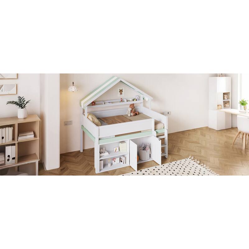 Roomfitters Full Size Loft Bed with House Canopy Roof and Storage Cabinet